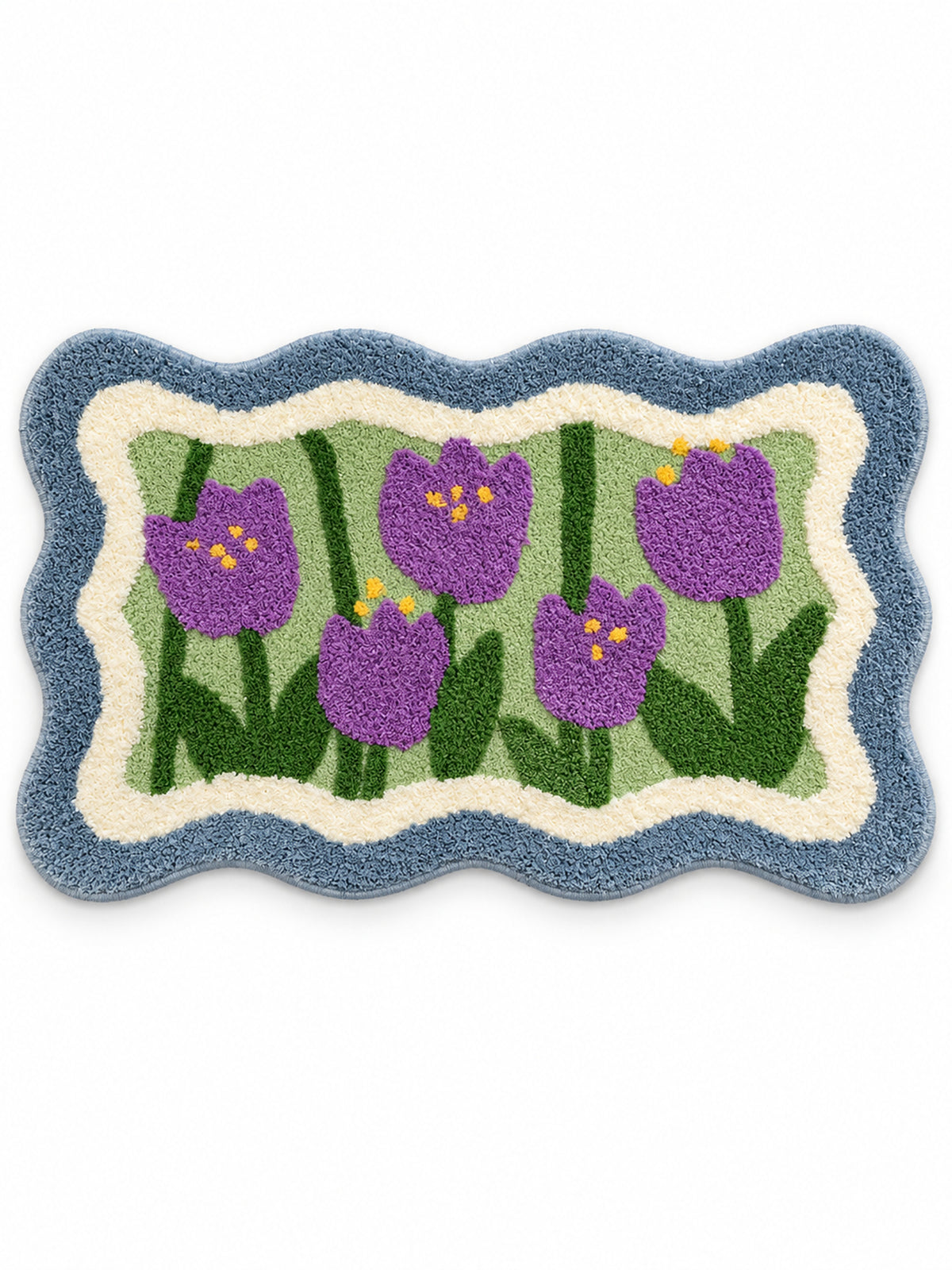 Violet tulip mat with a blue wavy border, 50 x 80 cm, on a white background.