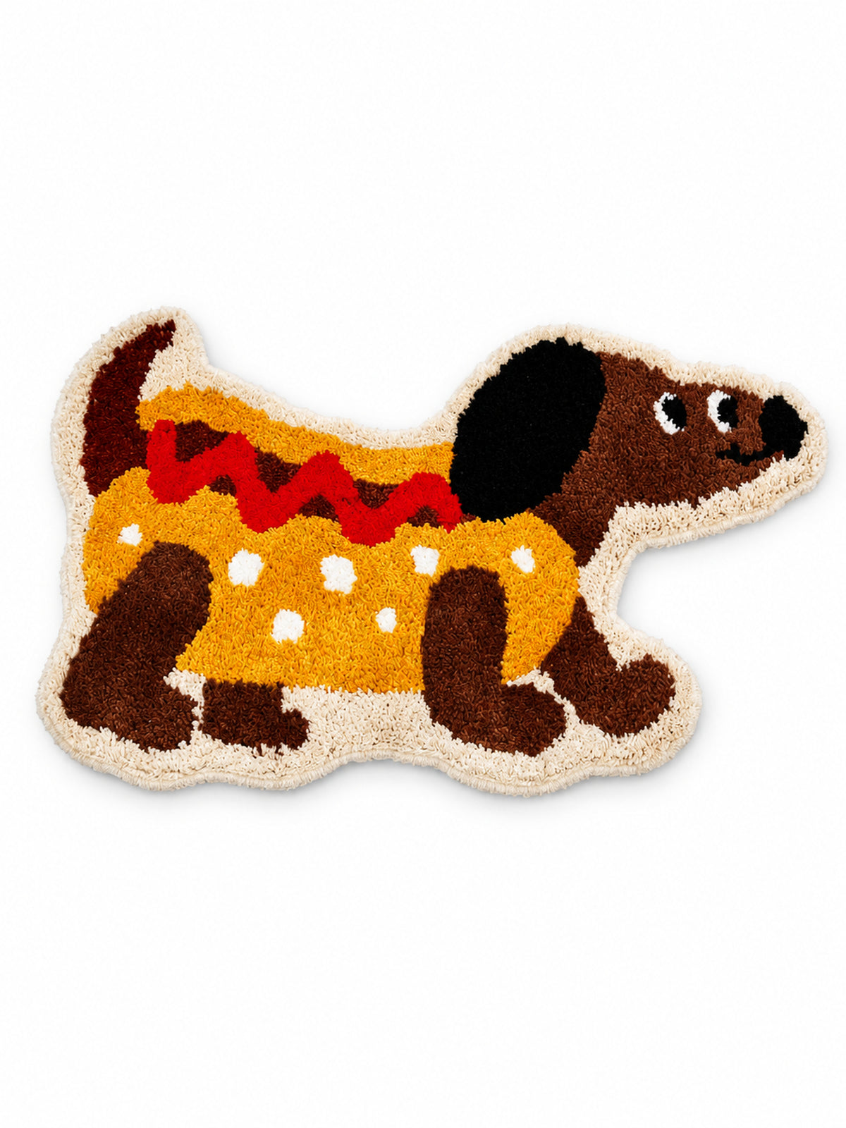 Hot dog dachshund-shaped mat, 50 x 80 cm, on a white background.