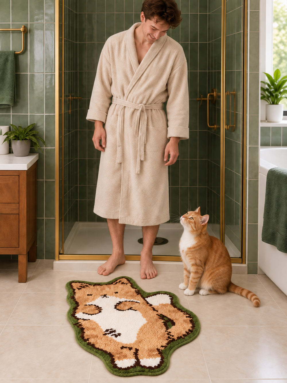 Cozy Tabby Cat Shaped Bath Mat on a bathroom floor