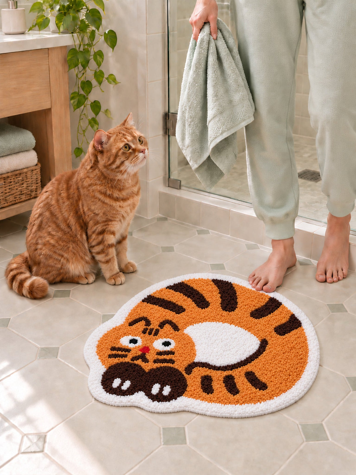 Curled Ginger Cat Shaped Bath Mat on a bathroom floor