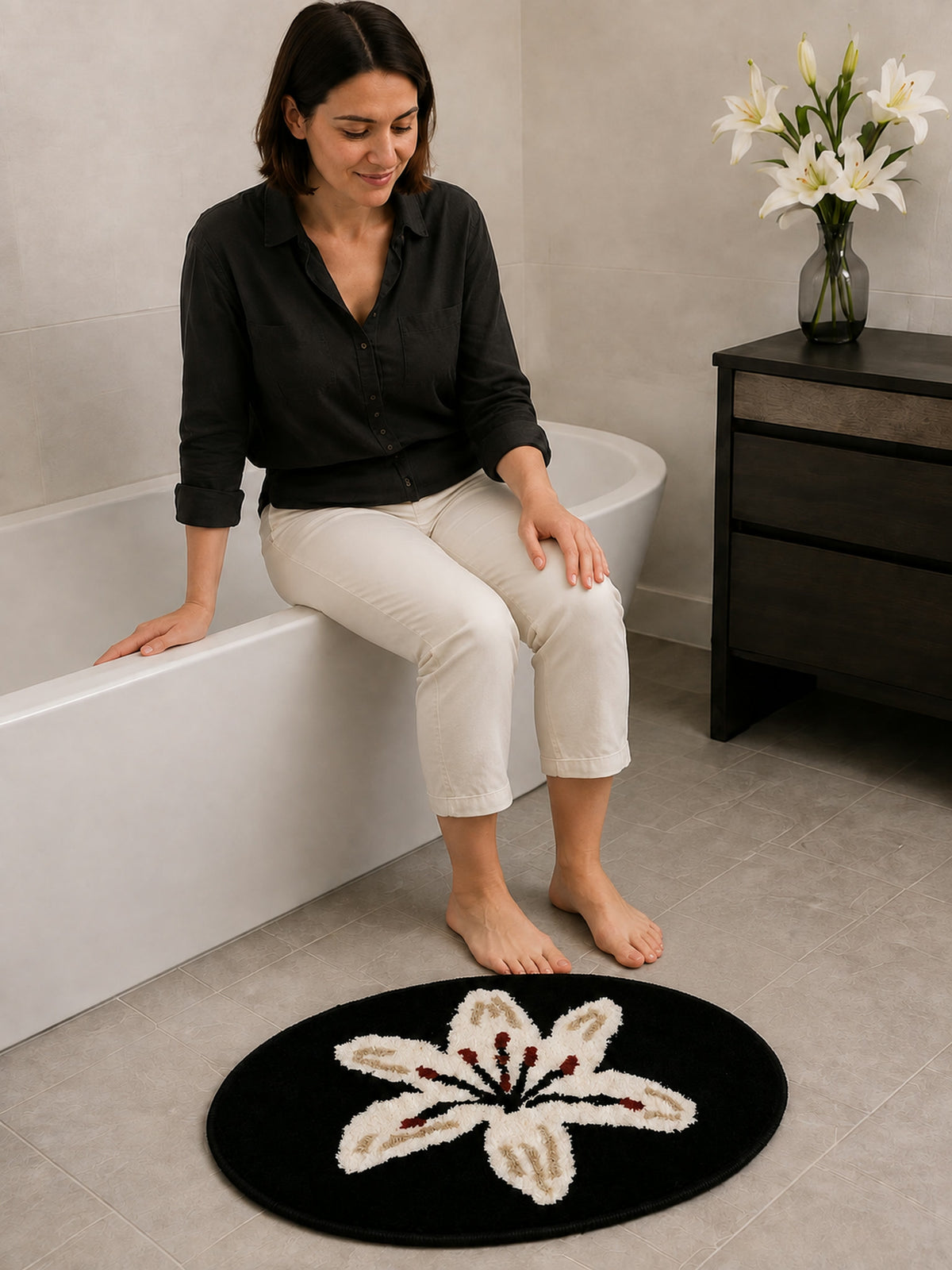 Midnight Lily Oval Bath Mat on a bathroom floor