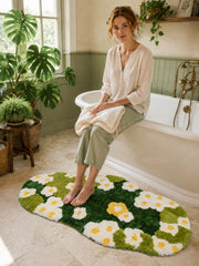 Daisy Meadow Floral Bath Mat & Runner Rug - Green on a bathroom floor