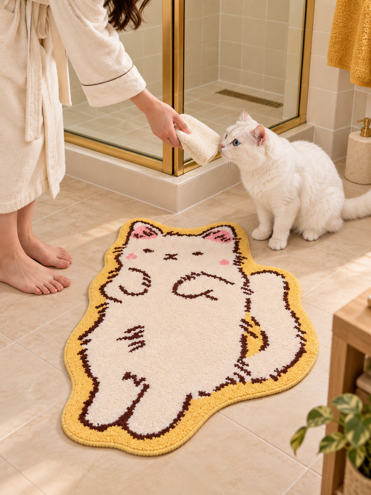 Long Cat Shaped Bath Mat - Ivory on a bathroom floor