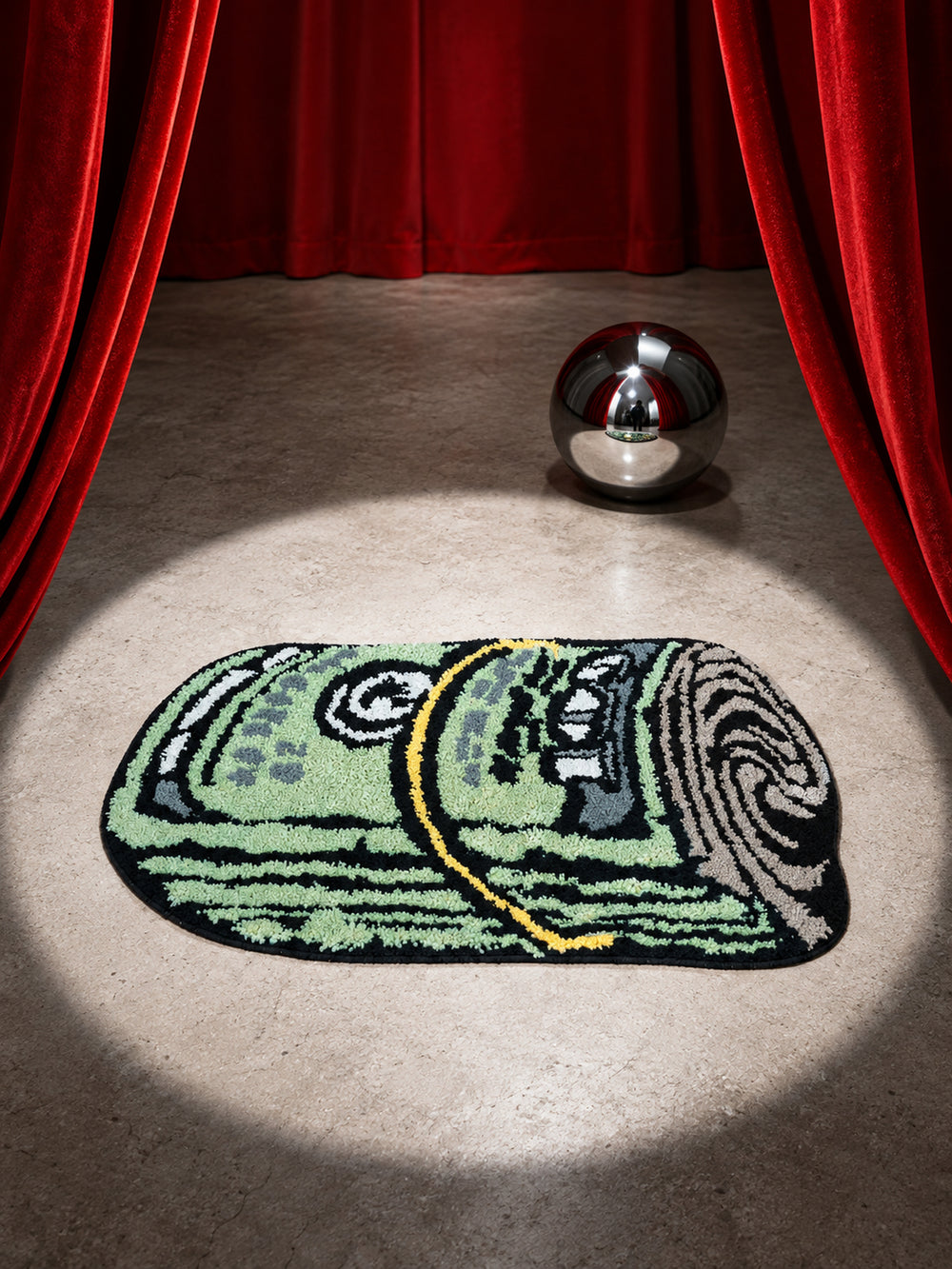 Rolled Cash Bath Mat on a floor under a spotlight and red curtains