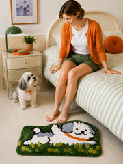 Clover Meadow Pup Shaped Bath Mat beside a bed