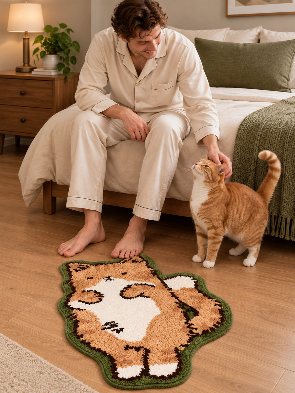 Cozy Tabby Cat Shaped Bath Mat beside a bed