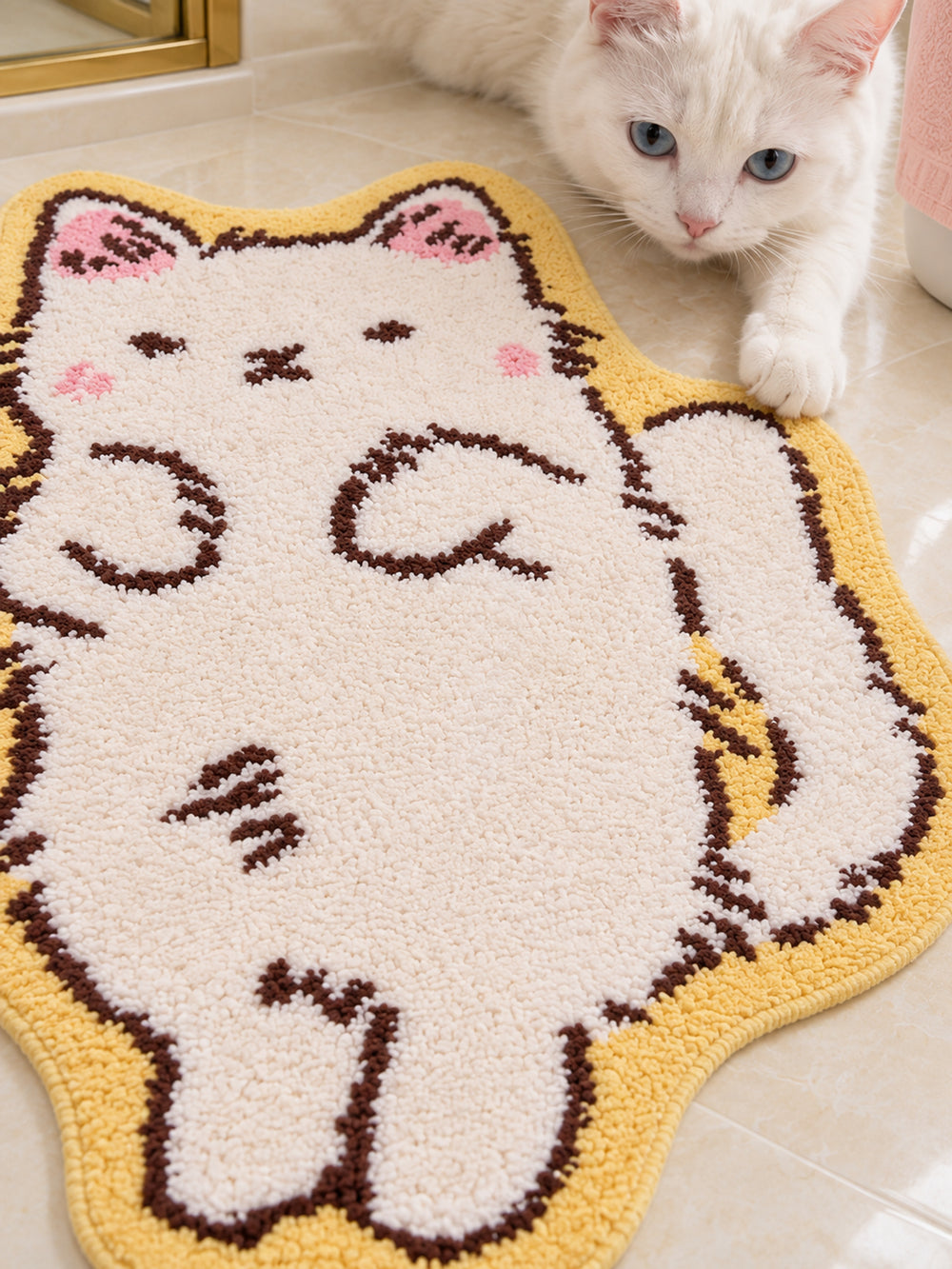 Close-up of the soft microfiber surface of Long Cat Shaped Bath Mat - Ivory