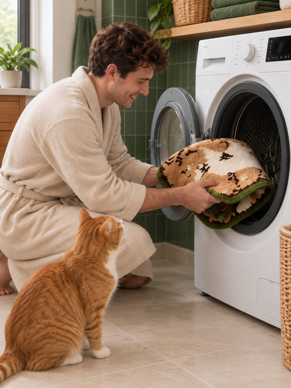Cozy Tabby Cat Shaped Bath Mat being machine washed