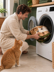 Cozy Tabby Cat Shaped Bath Mat being machine washed