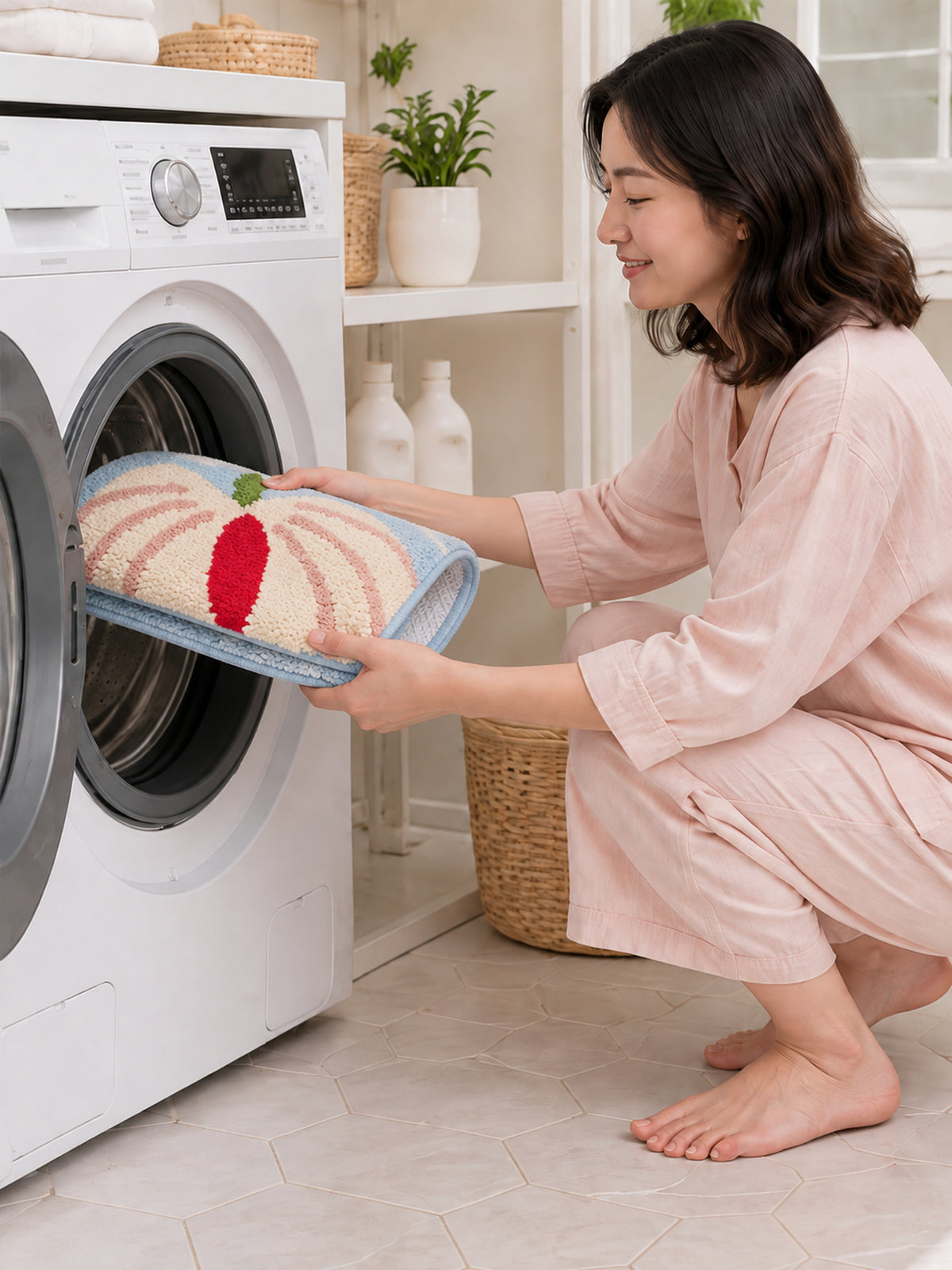 Blush Veined Leaf Bath Mat being machine washed
