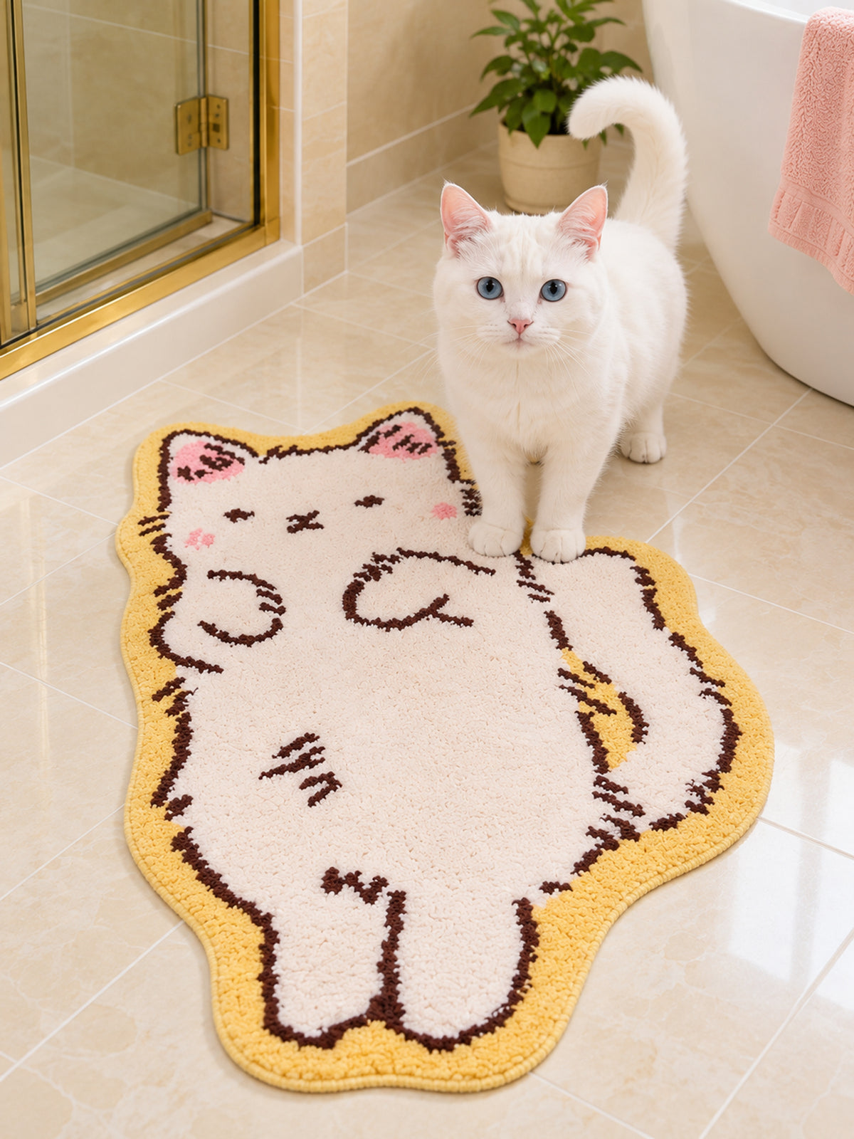 Long Cat Shaped Bath Mat - Ivory on a bathroom floor, shown from another angle