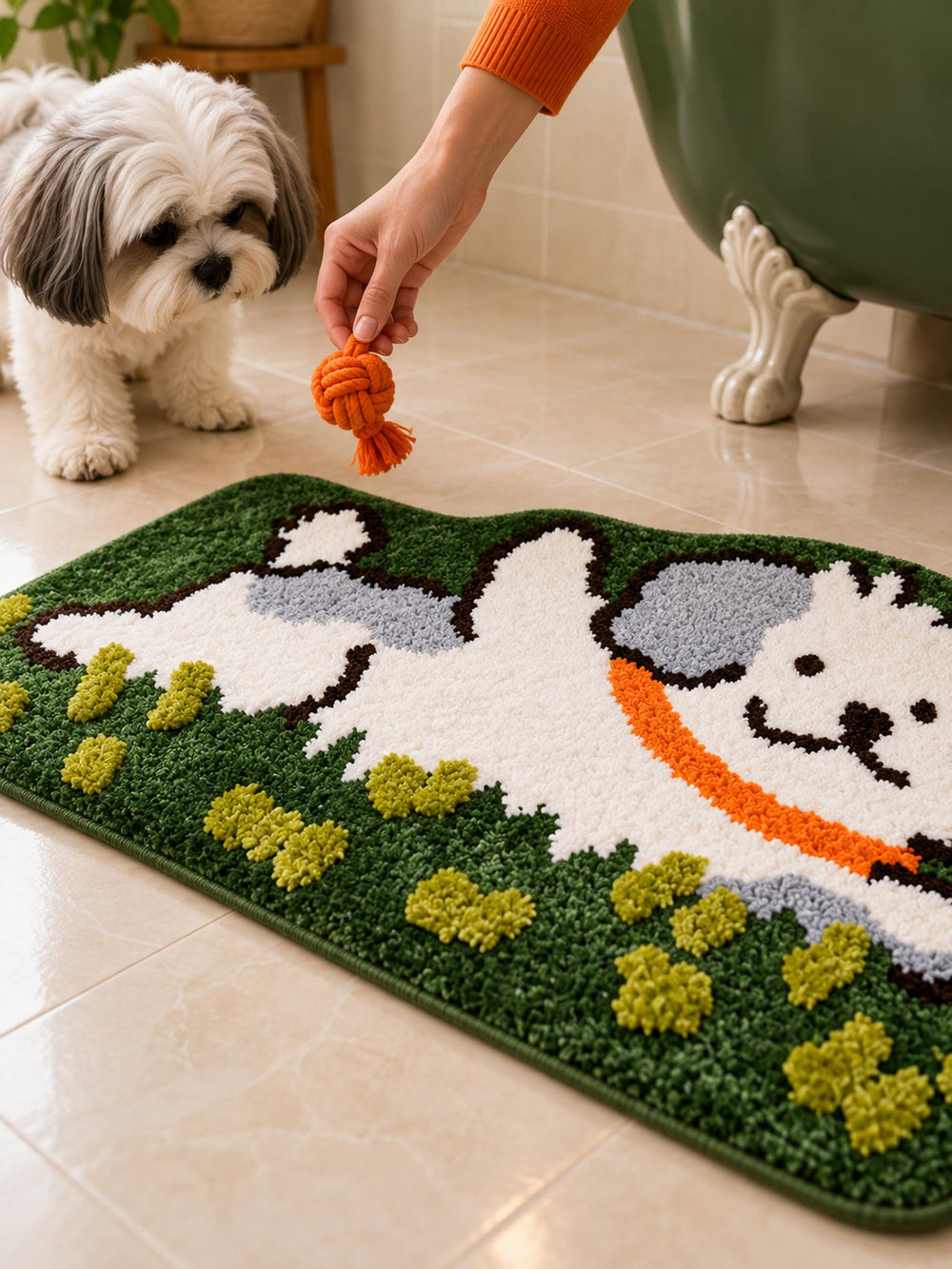 Clover Meadow Pup Shaped Bath Mat on a bathroom floor, shown from another angle