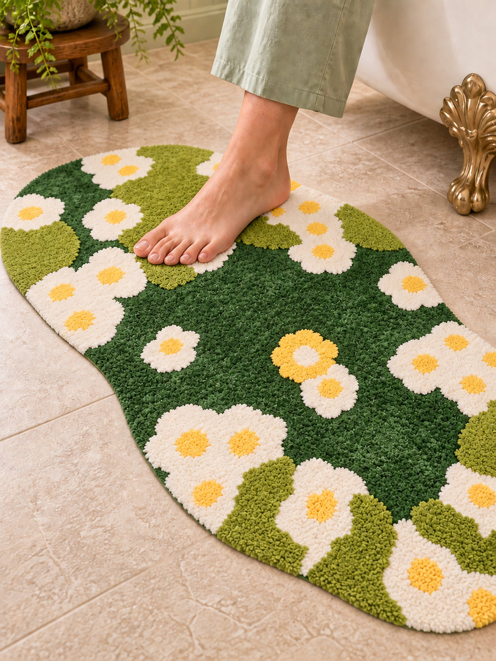 Daisy Meadow Floral Bath Mat & Runner Rug - Green on a bathroom floor, shown from another angle