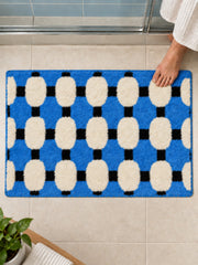 Coastal Blue Basketweave Pattern Bath Mat on a bathroom floor, shown from another angle