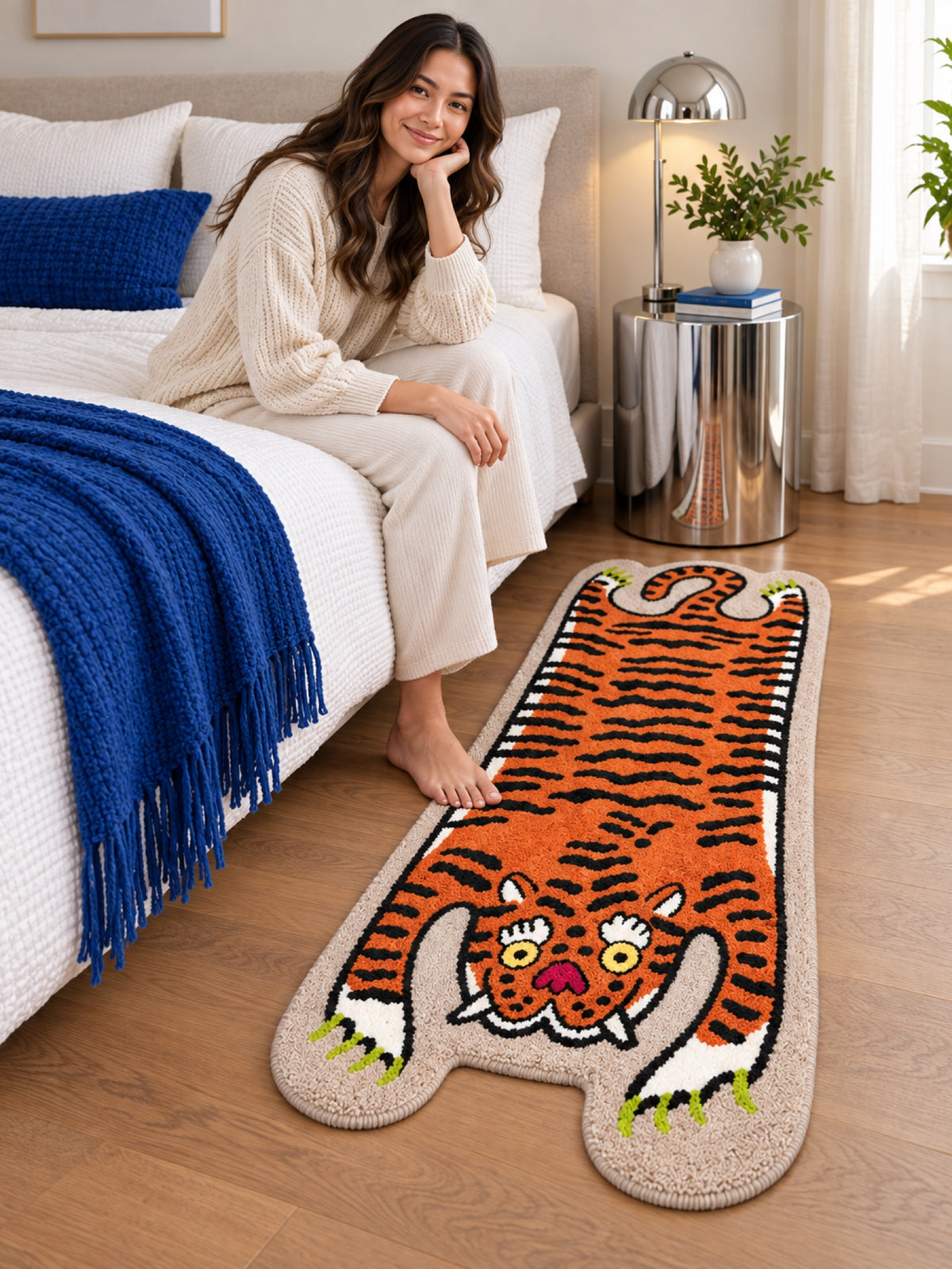 Resting Tiger Shaped Bath Mat, 60 × 120 cm, beside a bed