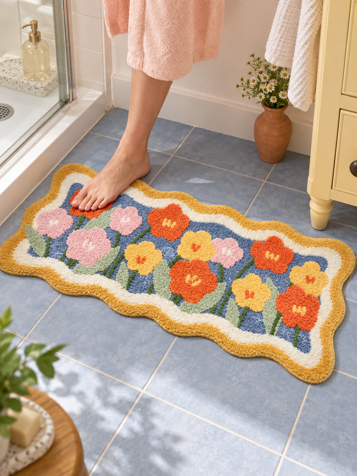 Garden Bloom Wavy Border Bath Mat — bathroom context detail