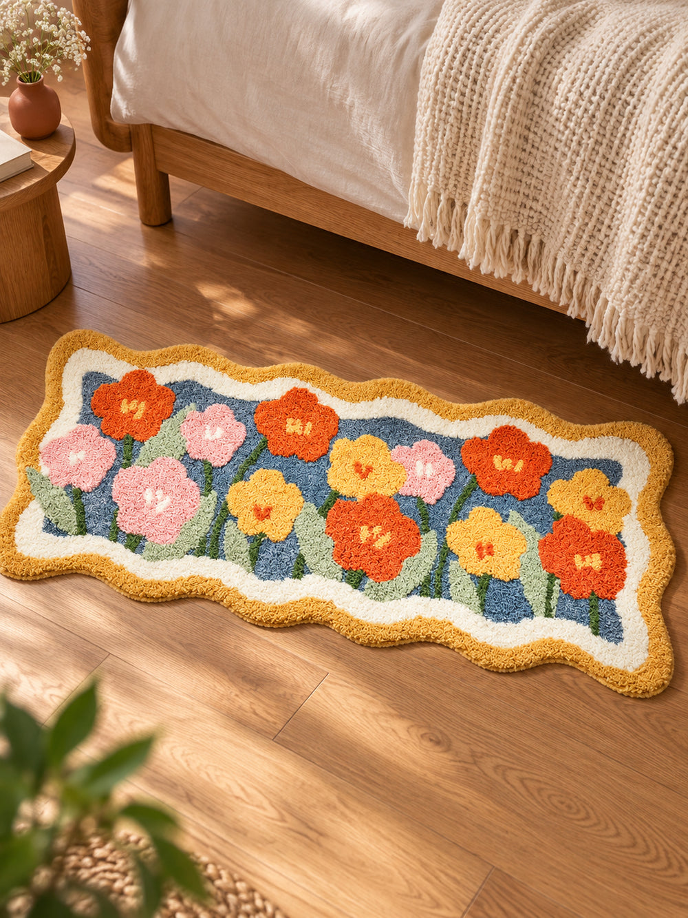 Garden Bloom Wavy Border Bath Mat — bedside context detail