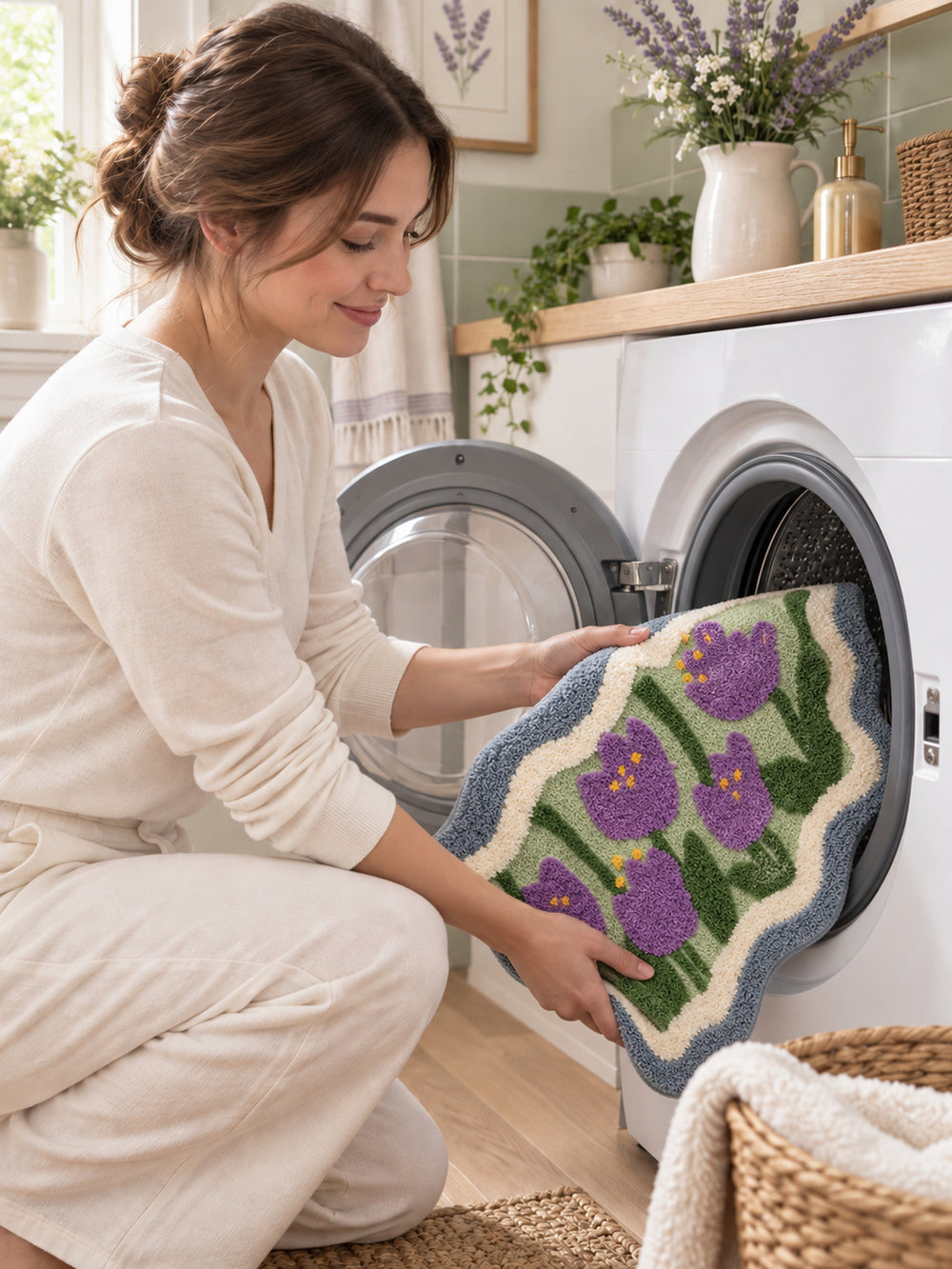Violet Tulip Frame Wavy-Edge Bath Mat — Care scene