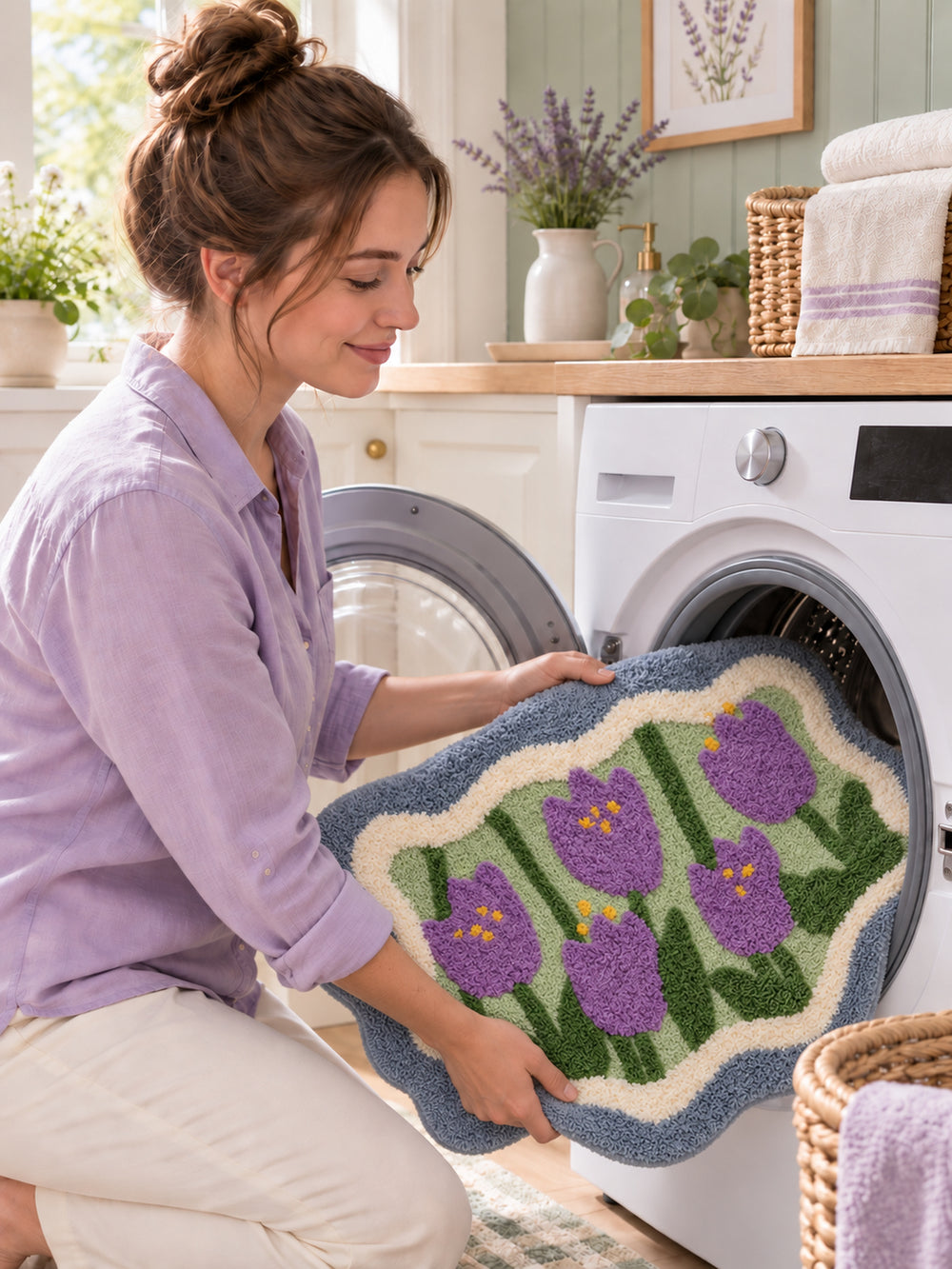 Violet Tulip Frame Wavy-Edge Bath Mat — Care scene