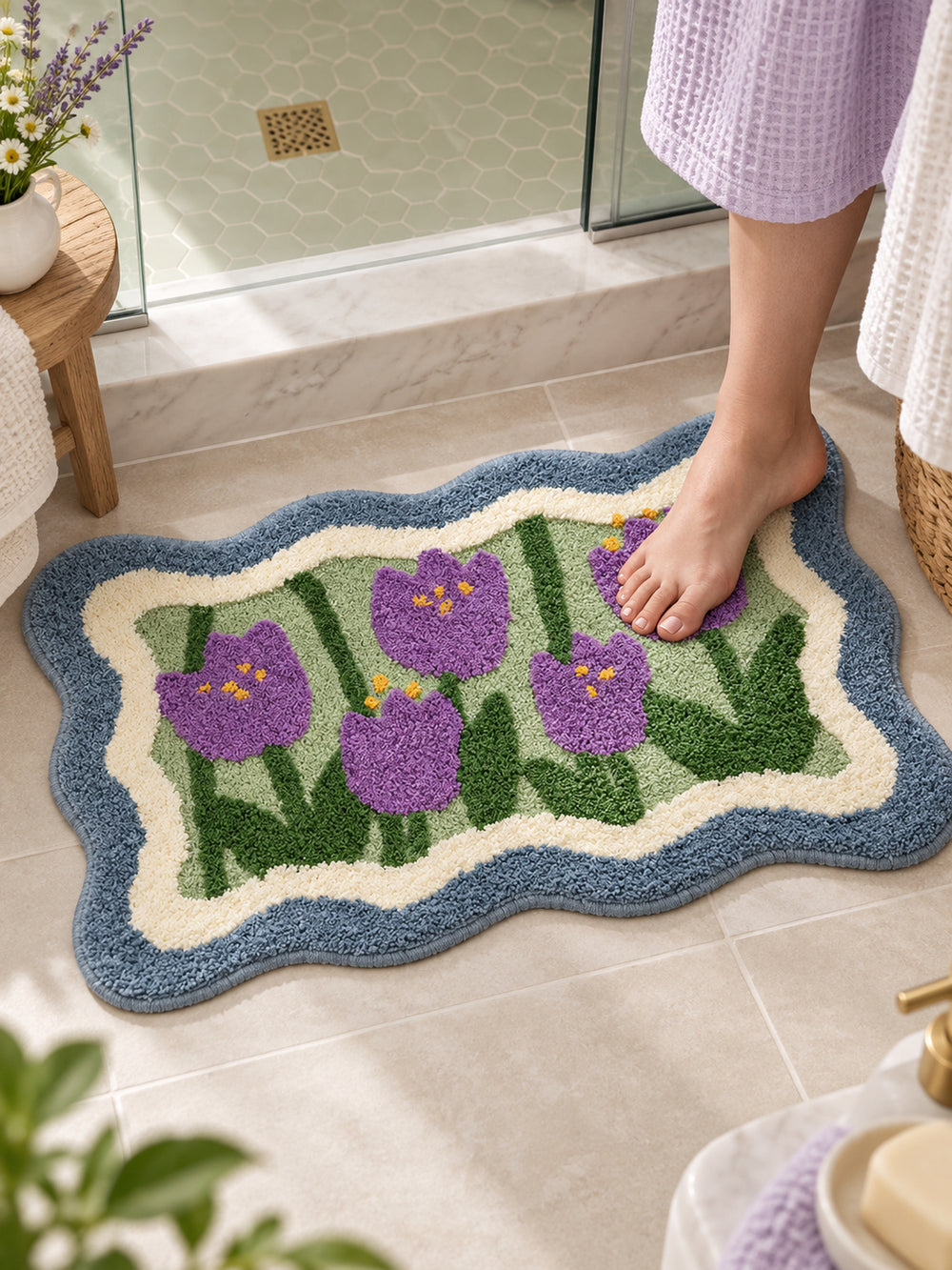 Violet Tulip Frame Wavy-Edge Bath Mat — Bathroom close-up