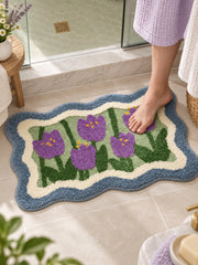 Violet Tulip Frame Wavy-Edge Bath Mat — Bathroom close-up