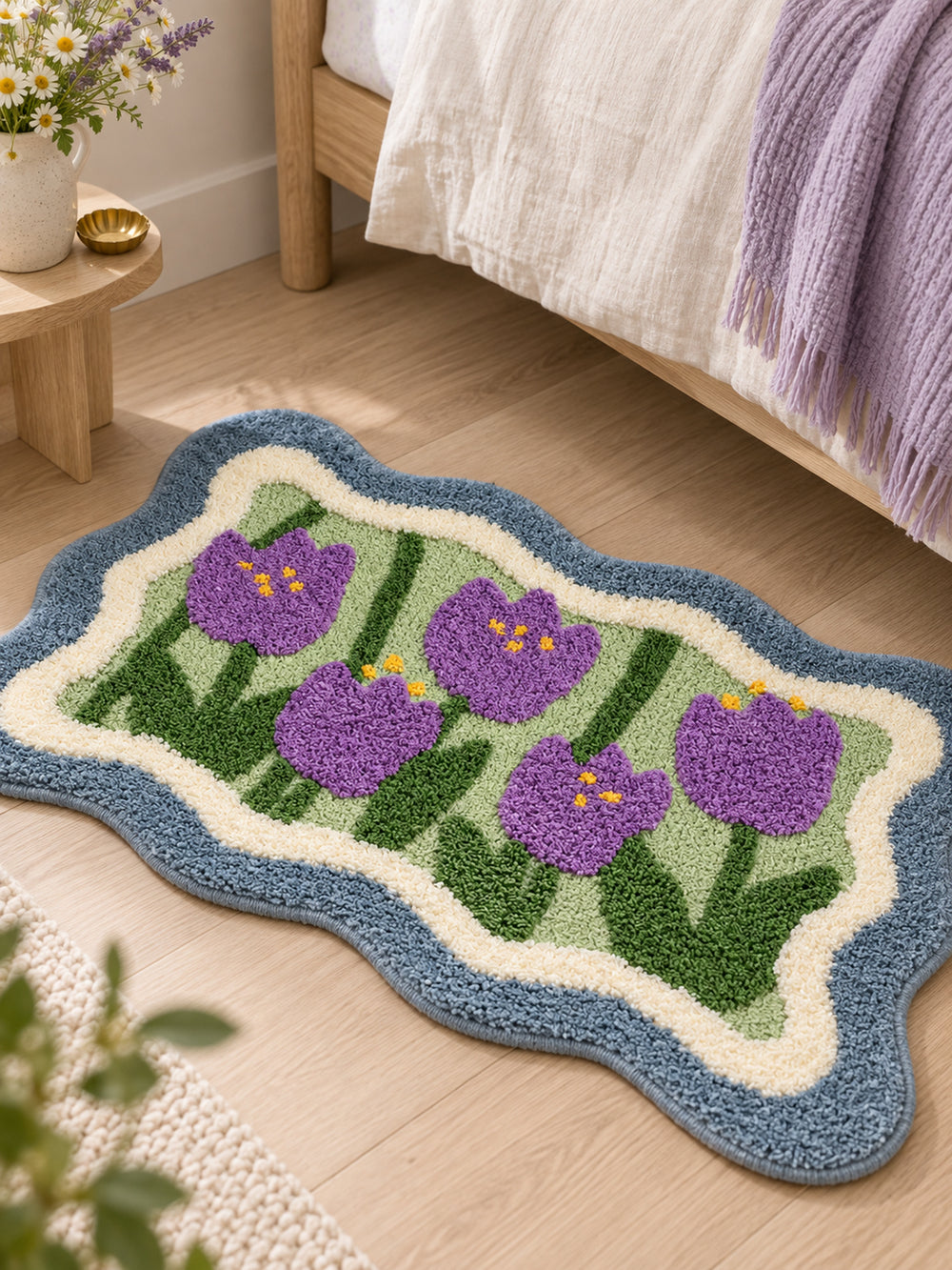 Violet Tulip Frame Wavy-Edge Bath Mat — Bedside close-up