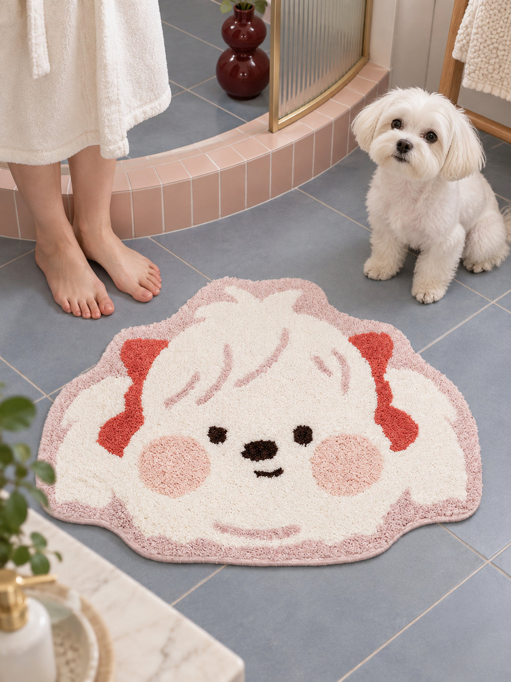 Blushing Maltese Puppy Shaped Bath Mat — bathroom scene