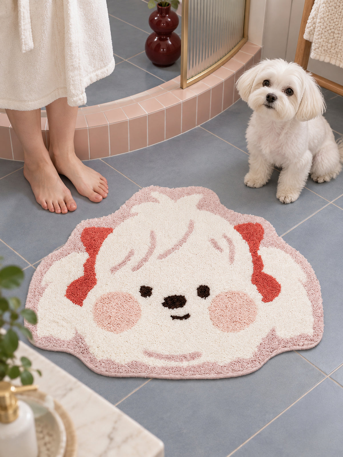 Blushing Maltese Puppy Shaped Bath Mat — bathroom scene
