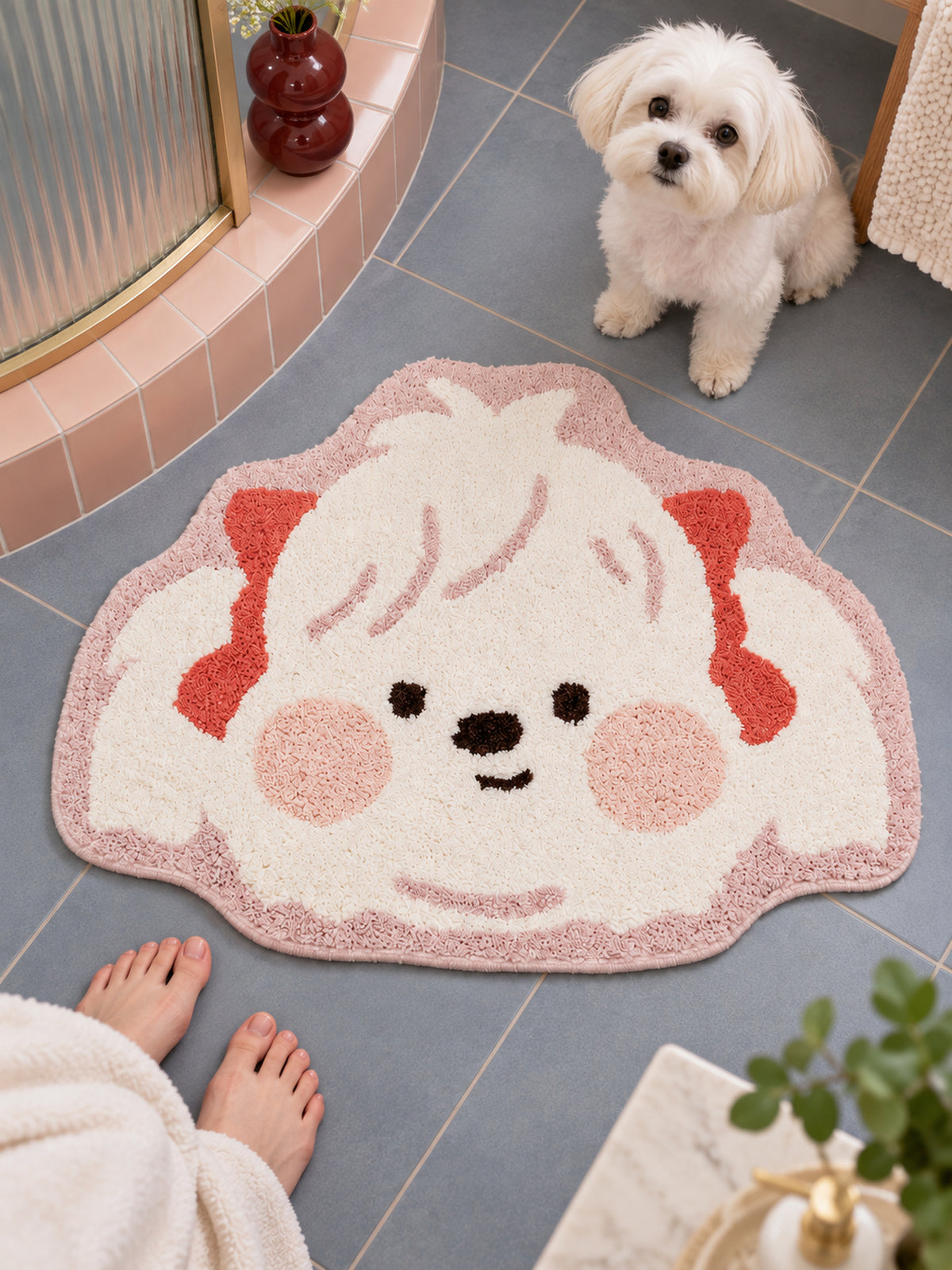 Blushing Maltese Puppy Shaped Bath Mat — bathroom context detail