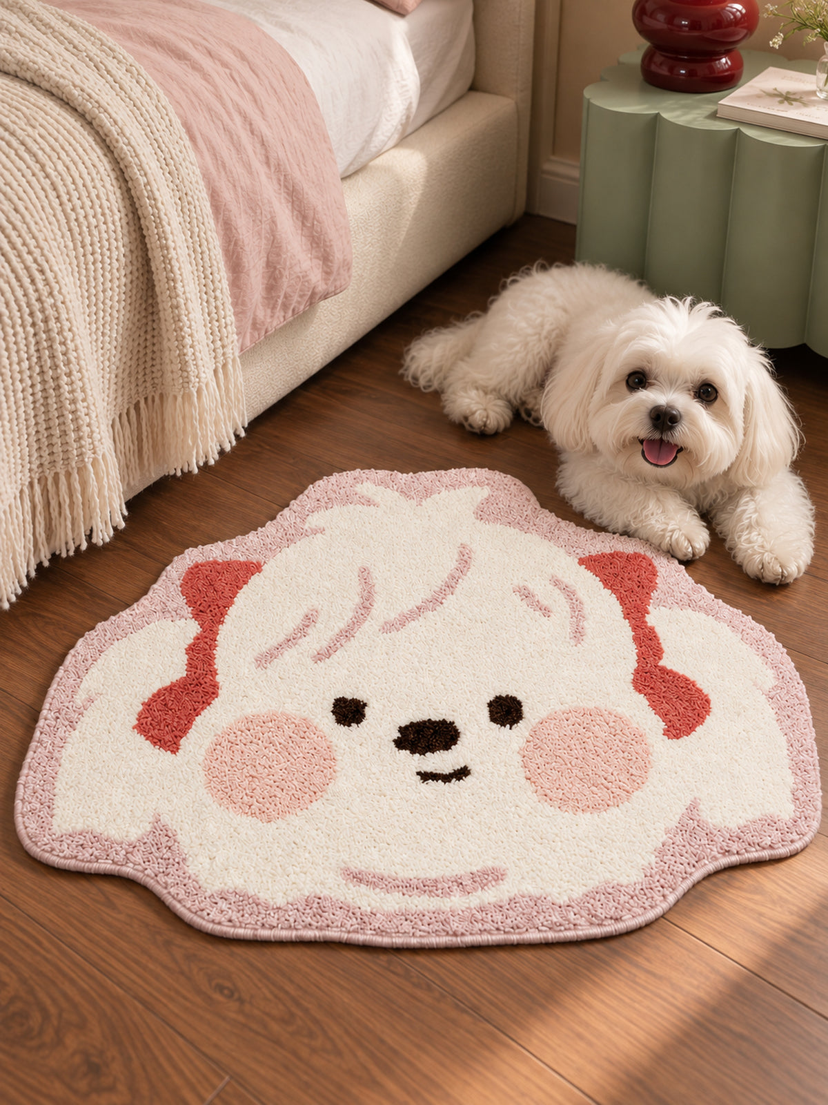 Blushing Maltese Puppy Shaped Bath Mat — bedside context detail