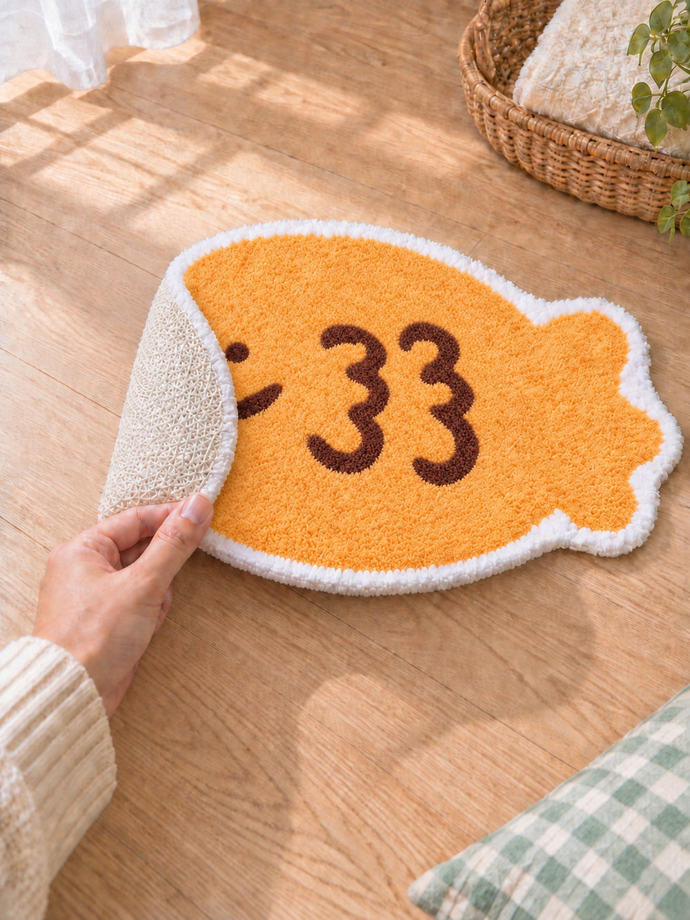 Smiling Orange Fish Shaped Bath Mat — backing detail
