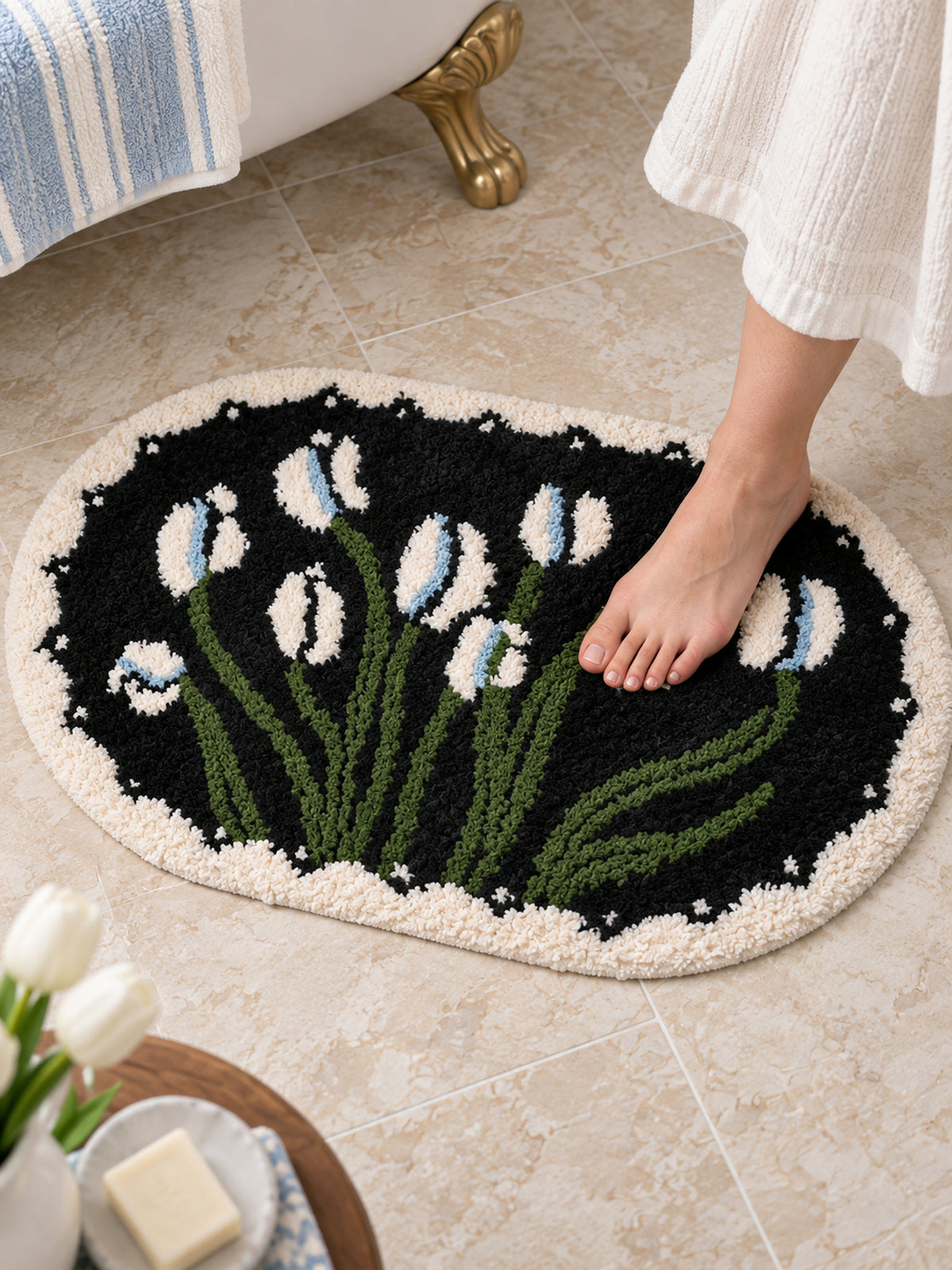Floral Study Oval Bath Mat - Midnight — bathroom context detail