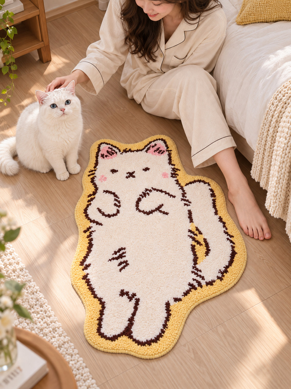 Long Cat Shaped Bath Mat - Ivory — Bedside close-up