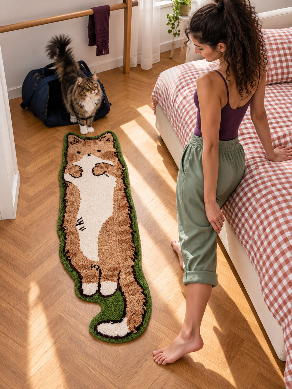Long Cat Shaped Runner Rug - Brown Tabby — bedroom scene