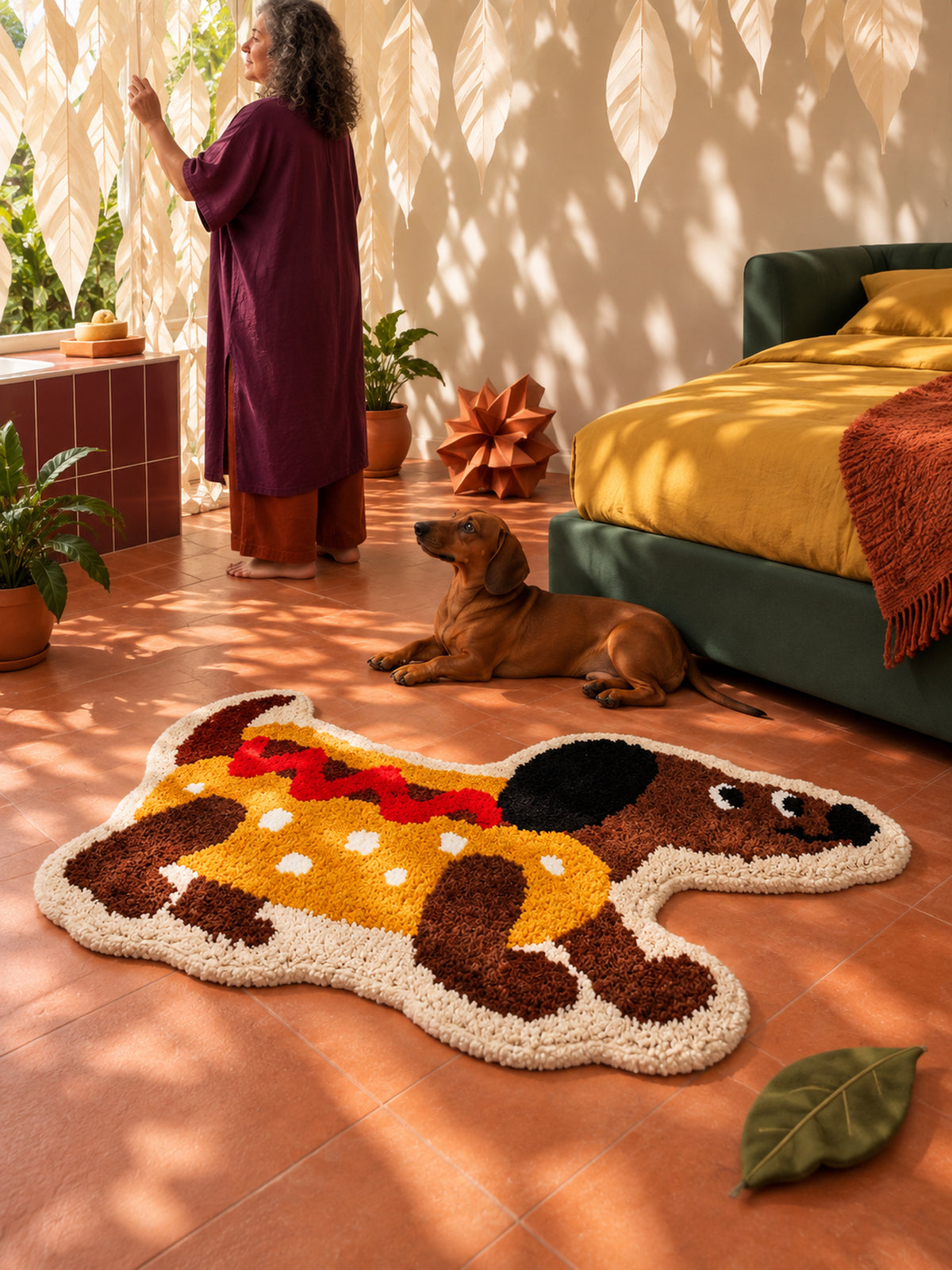 Hot dog dachshund-shaped rug, 80 x 160 cm, beside a green bed, a person and a dachshund.