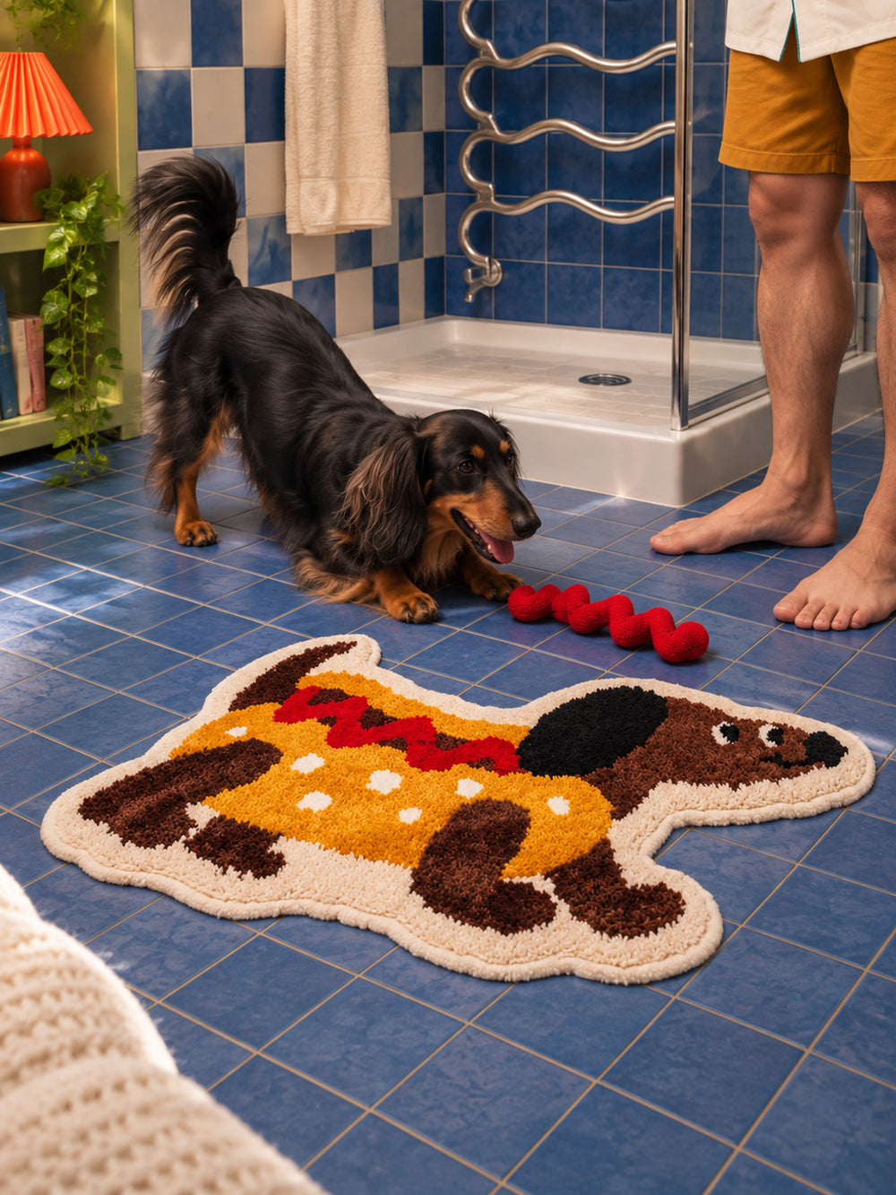 Hot dog dachshund-shaped mat, 50 x 80 cm, beside a dachshund and person at a blue-tiled shower.