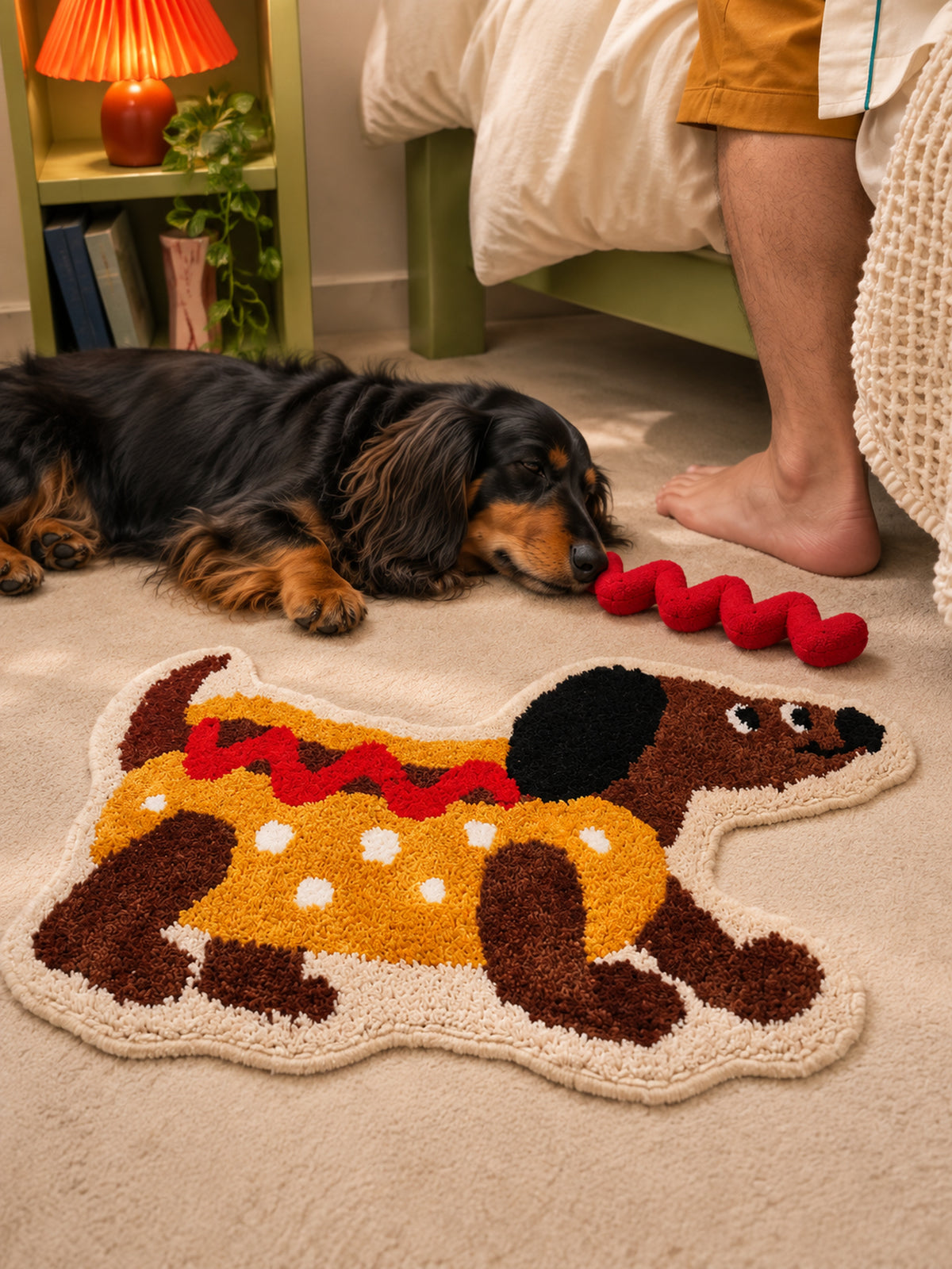 Hot dog dachshund-shaped mat, 50 x 80 cm, beside a bed and a resting dachshund with a red toy.