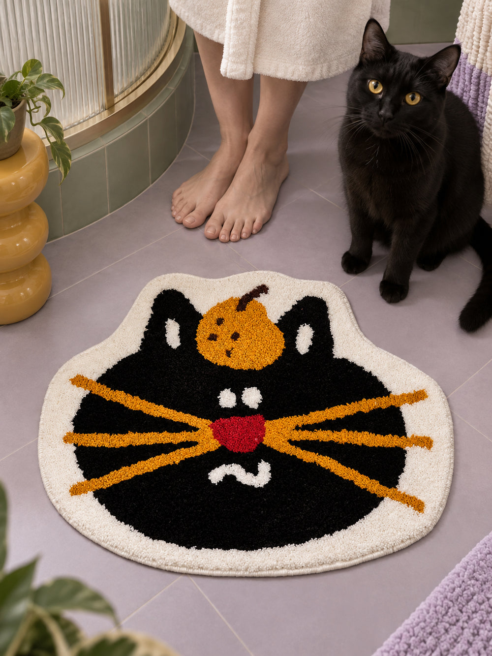 Pumpkin Black Cat Face Bath Mat — bathroom scene