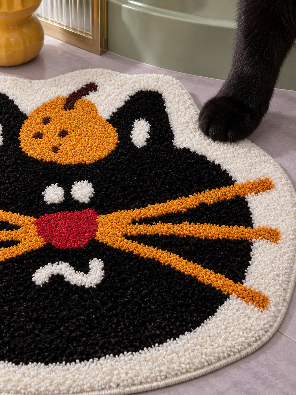 Pumpkin Black Cat Face Bath Mat — surface detail