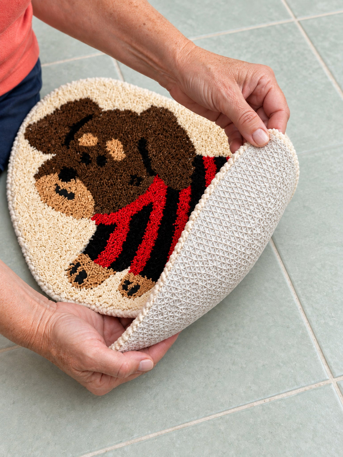 Striped Dachshund Bath Mat - Red & Black — backing detail