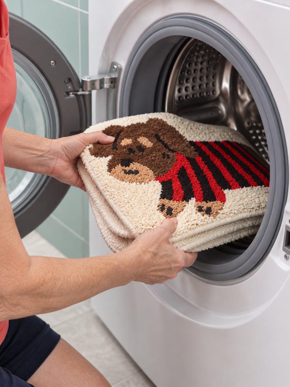 Striped Dachshund Bath Mat - Red & Black — machine wash