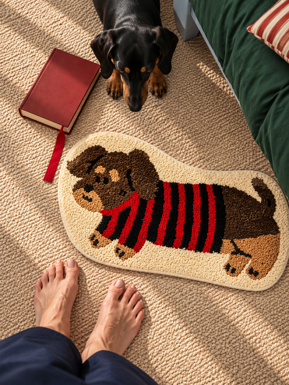 Striped Dachshund Bath Mat - Red & Black — bedside context detail