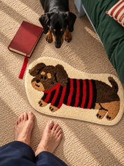 Striped Dachshund Bath Mat - Red & Black — bedside context detail