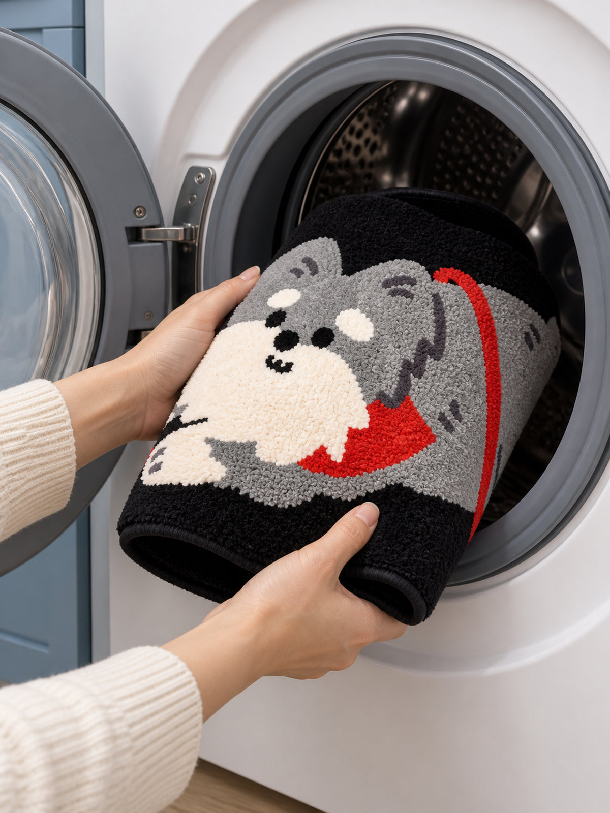 Red-Scarf Schnauzer Shaped Bath Mat — machine wash