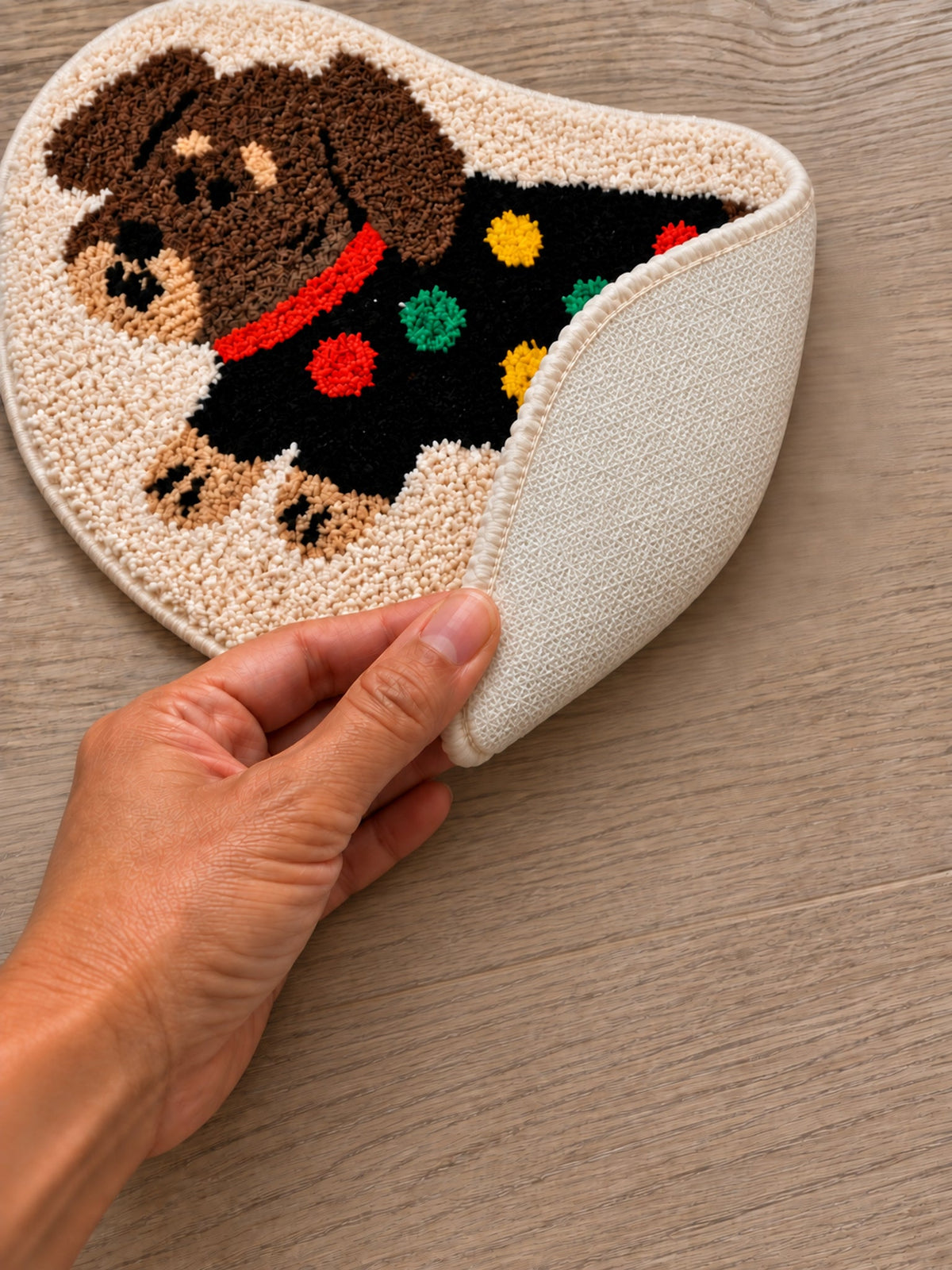 Confetti Sweater Dachshund Bath Mat — backing detail