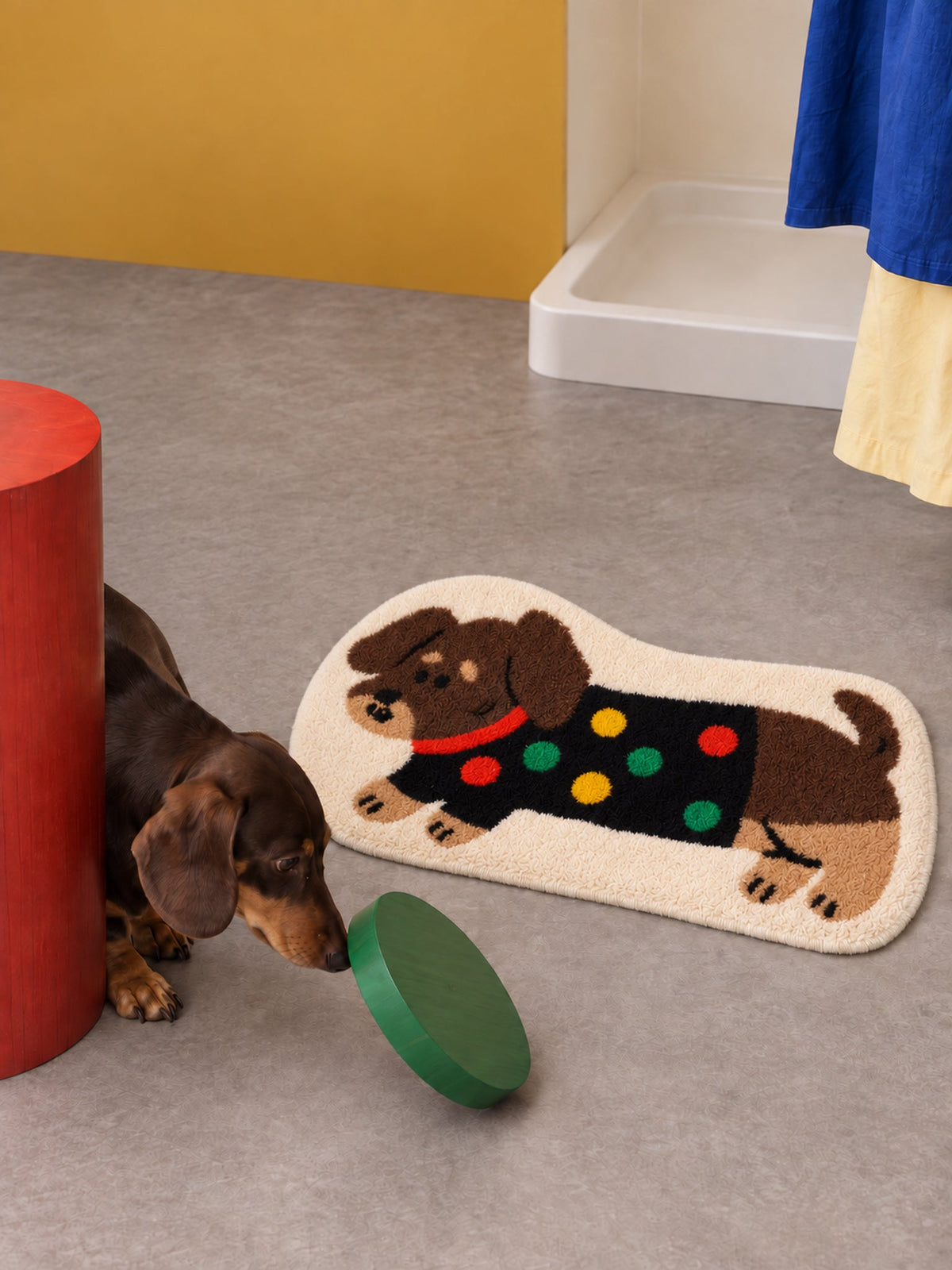 Confetti Sweater Dachshund Bath Mat — bathroom context detail