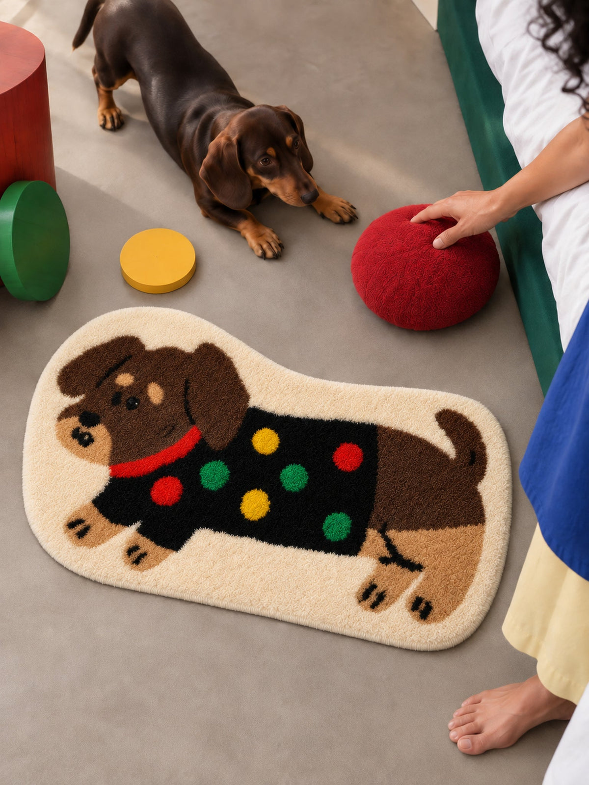 Confetti Sweater Dachshund Bath Mat — bedside context detail