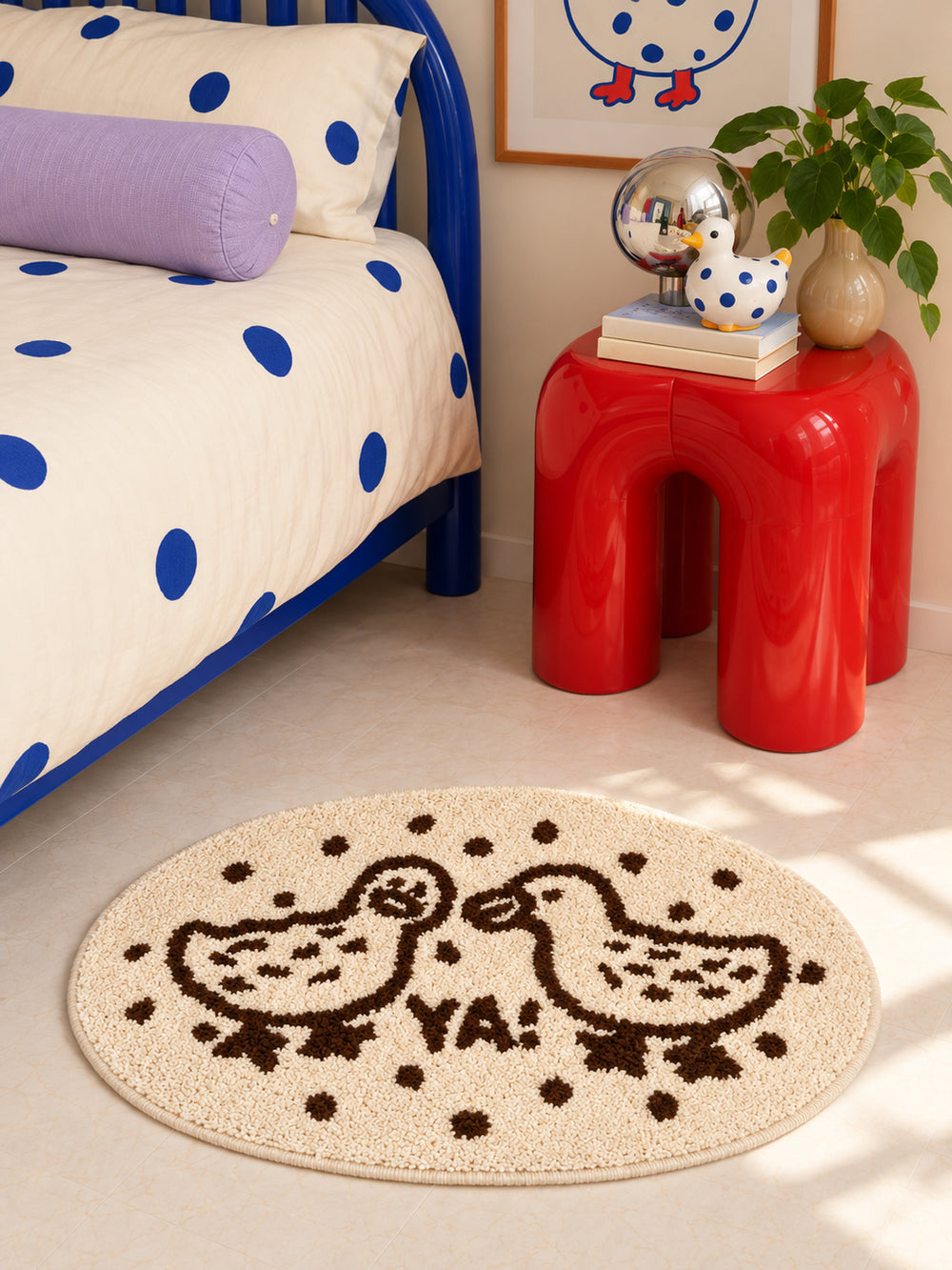 Dotted Duck Duo Oval Bath Mat — Bedside close-up