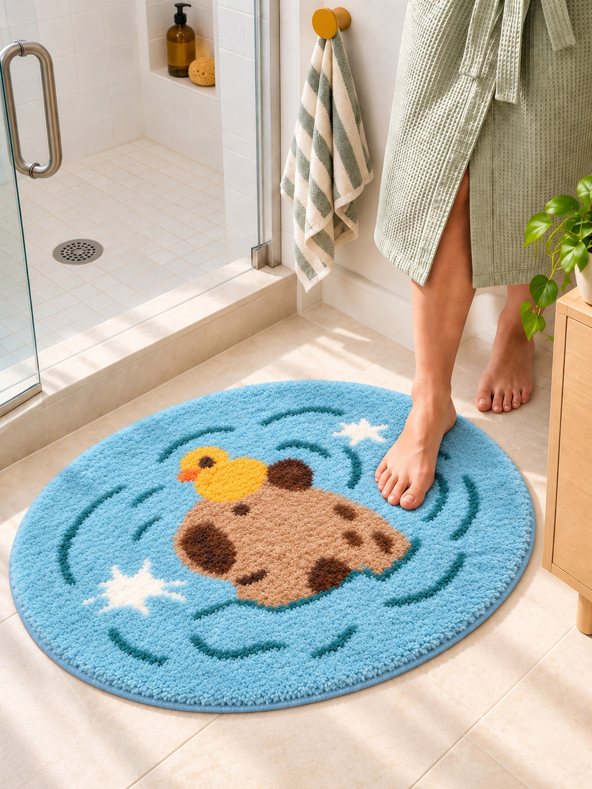 Capybara & Duckling Pond Bath Mat — bathroom scene