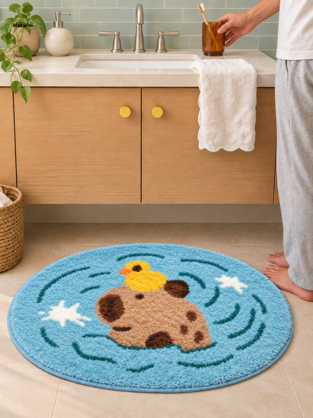 Capybara & Duckling Pond Bath Mat — vanity context detail